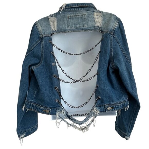 Between Us Womens L Destroyed Denim Trucker Jacket Chain Back Detail Grunge Punk - Picture 1 of 14